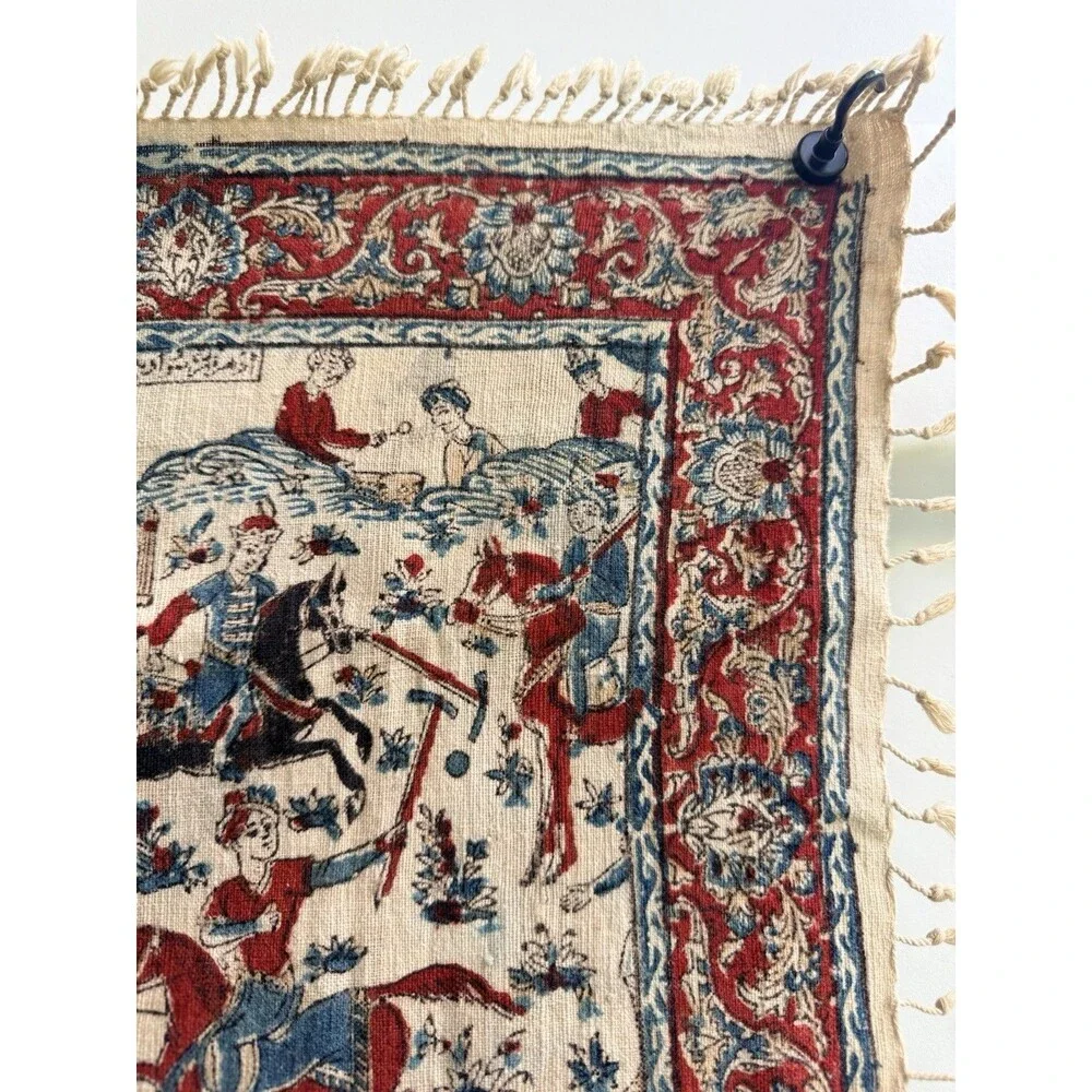 Antique Persian Fringed Cloth Tapestry Qajar Hunting & Polo Scene 24 X 24